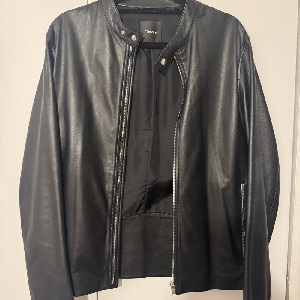 Theory Black Leather Zip Jacket with Snap Collar